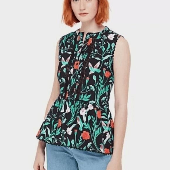 Kate Spade Black Floral Colorful Hummingbird Jardin Poplin Top XL - Picture 9 of 9